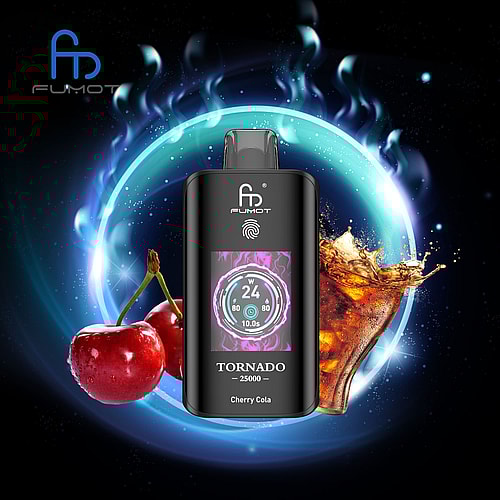 A Black Vaping Device Labeled 'Fumot Tornado 25000' With A Colorful Digital Display, Surrounded By Cherry Fruits And A Splash Of Cola In A Cosmic Blue Mist Backdrop.