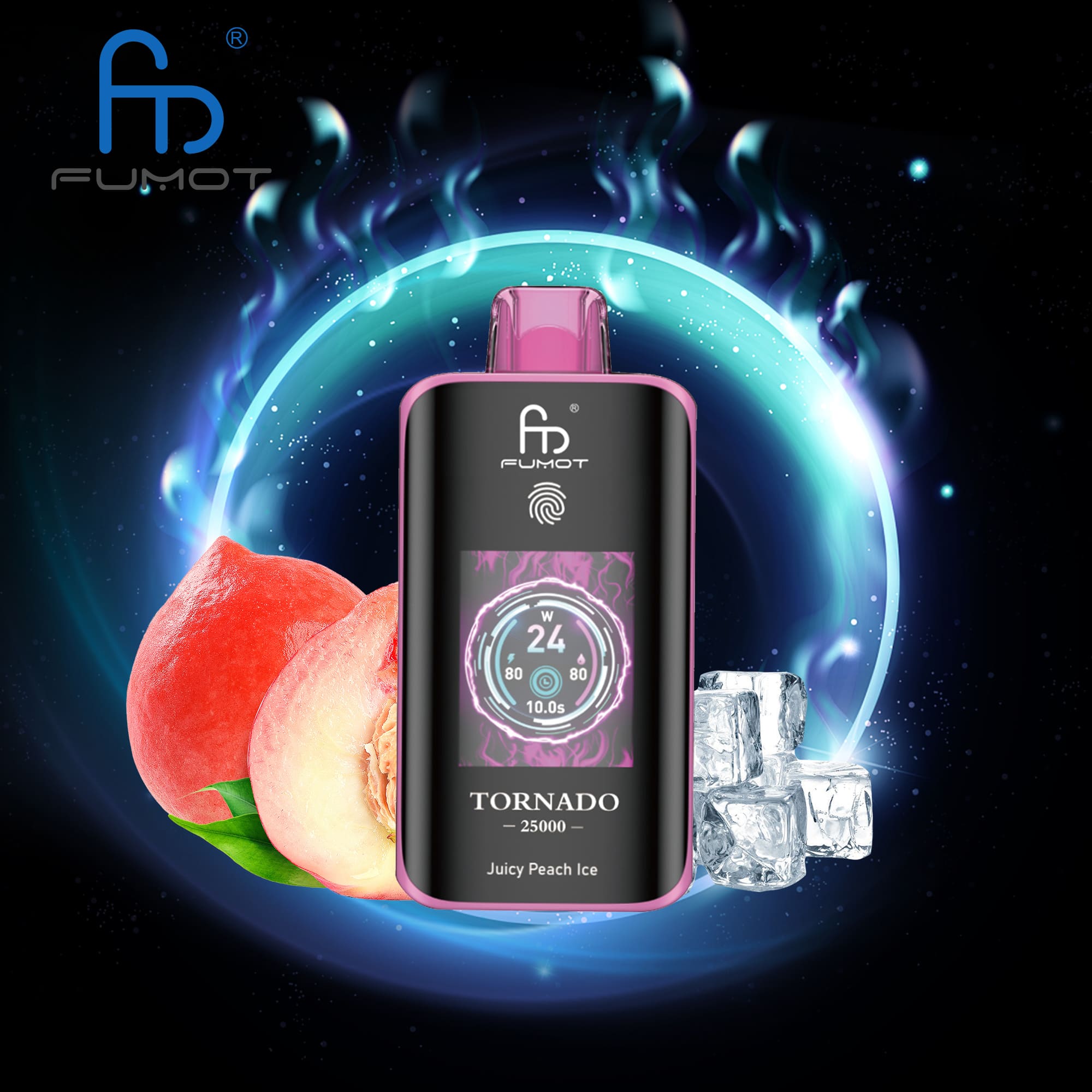Product Display Of A Fumot Vaping Device With A Circular Digital Screen, Surrounded By Two Halves Of A Peach And Ice Cubes, Against A Cosmic Backdrop Featuring Swirling Blue And Green Light Effects.