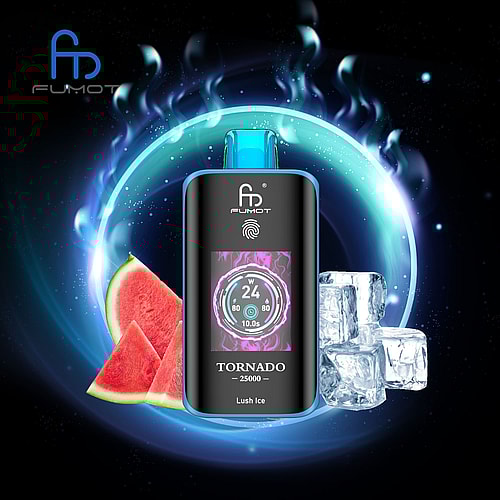 A Fumot Tornado Vape Device Labeled 'Lush Ice' Positioned Against A Dark Background With Glowing Blue Accents, Accompanied By Slices Of Watermelon And Ice Cubes To Emphasize Its Refreshing Flavor.