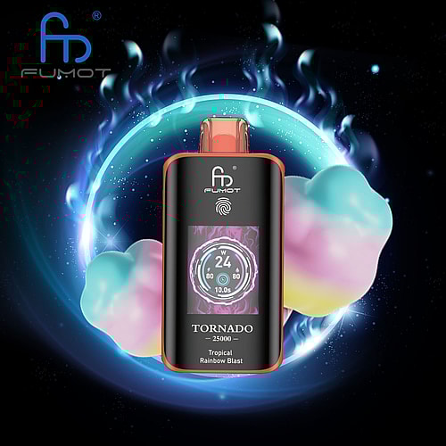 A Vape Device Labeled 'Tornado 25000' By Fumot, Featuring An Orange Top And A Digital Display Showing Settings, Surrounded By Colorful Cotton Candy-Like Clouds Against A Dark Cosmic Background.