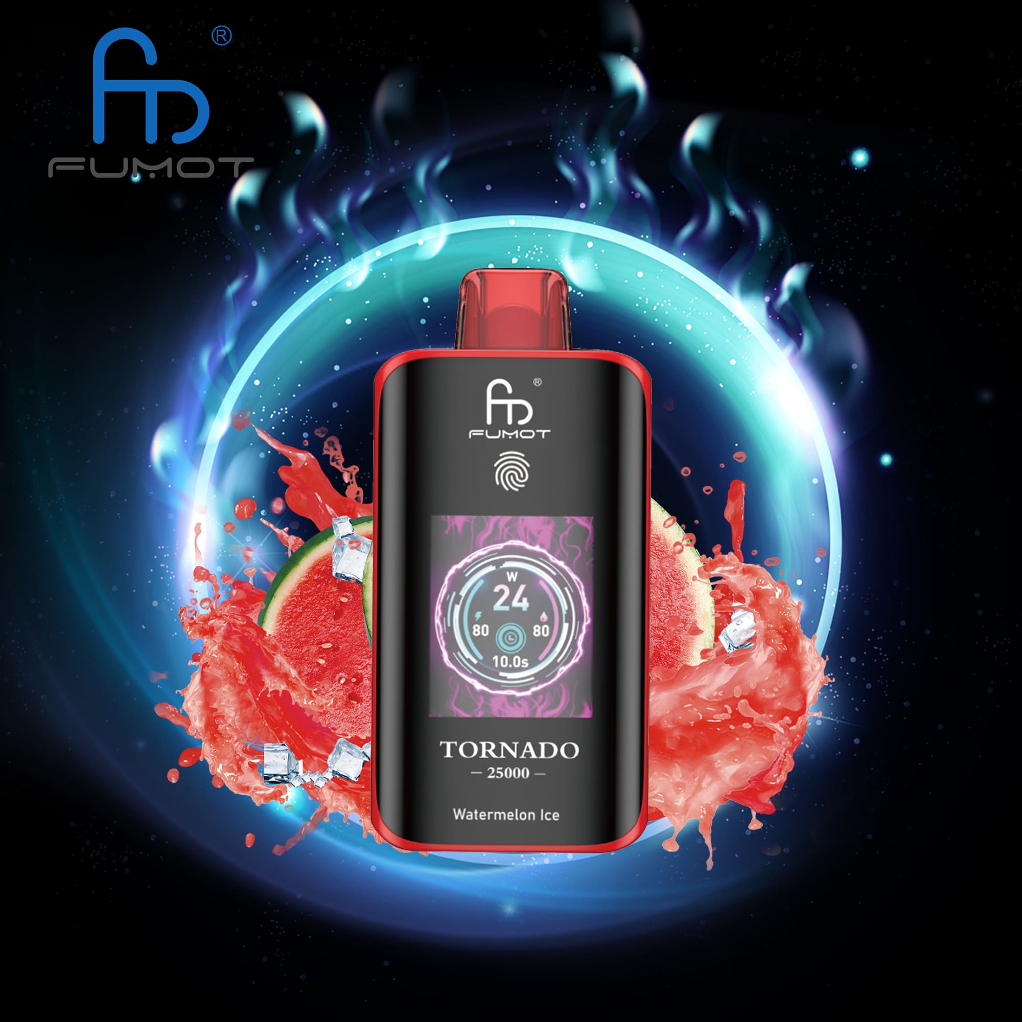 A Fumot Tornado Vape Device Featuring A Colorful Display Titled 'Watermelon Ice,' Set Against A Dynamic Background Of Vibrant Watermelon Slices And Splashes Of Red Liquid.