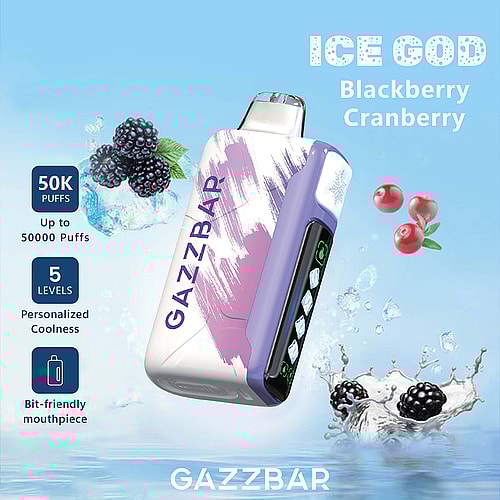 A Gazzbar Vape Device Labeled 'Ice God' With A Design Featuring Blackberry And Cranberry, Showcased Against A Light Blue Background With Splashes Of Water And Berries, Highlighting Features Like 50K Puffs, Five Levels Of Coolness, And A User-Friendly Mouthpiece.