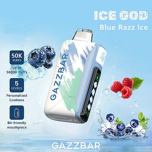 A Colorful, Modern Vape Device Labeled 'Ice God' In Blue Razz Ice Flavor, Featuring A Customizable Display For Up To 50,000 Puffs, Surrounded By Splashes Of Water And Blueberries, With Raspberries And Mint Leaves In The Background.