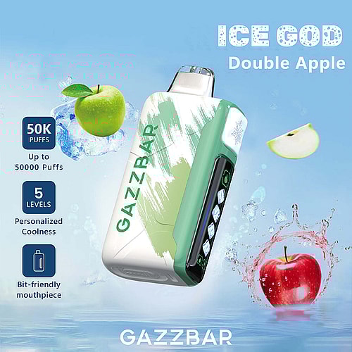 A Gazzbar Vape Device Labeled 'Ice God Double Apple' Showcasing Vibrant Green And White Colors, Set Against A Blue Background With Splashes Of Water And Images Of Whole Green And Red Apples, Indicating Features Like 50,000 Puffs And Five Coolness Levels.