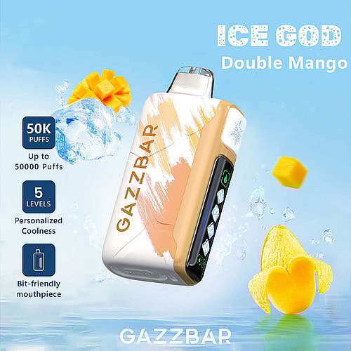 A Gazzbar Vape Device Labeled 'Ice God Double Mango' Showcases Its Features, Including A Colorful Design, Large Puff Capacity Of 50,000, Adjustable Coolness Levels, And A User-Friendly Mouthpiece, With Mango Slices And Ice Cubes In The Background.