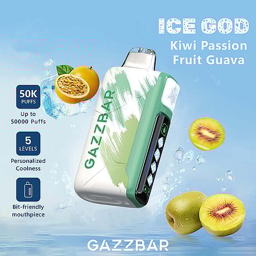A Close-Up Of The Gazzbar Vape Device Labeled &Quot;Ice God&Quot; With Flavors Of Kiwi, Passion Fruit, And Guava, Showcasing Its Colorful Design, A Digital Display With Icons Indicating Settings, And Two Sliced Kiwi Fruits Beside It Against A Blue Background With Droplets Of Water.