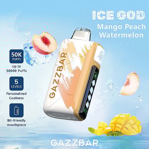A Colorful Vaping Device Titled 'Gazzbar Ice God' Featuring Flavors Of Mango, Peach, And Watermelon, Set Against A Vibrant Blue Background With Fruit Images And Descriptions Highlighting Its Capacity For 50,000 Puffs And Customizable Coolness Levels.
