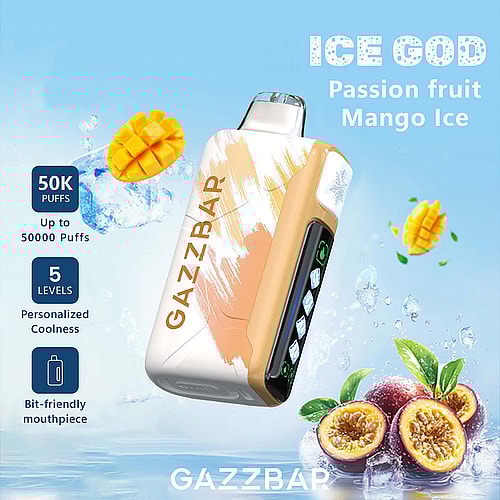 A Sleek Gazzbar Vape Device Showcasing A Colorful Design With A Prominent Focus On Its 'Ice God' Flavor Featuring Passion Fruit And Mango Ice, Set Against A Backdrop Of Ice Cubes And Tropical Fruit Graphics, Highlighting Its 50K Puff Capacity And Adjustable Cooling Levels.