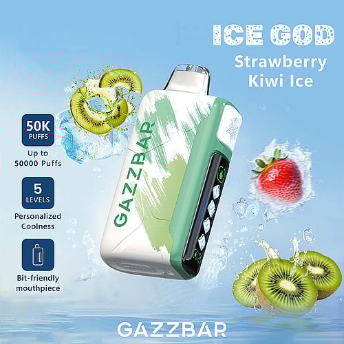 A Gazzbar Vape Device Labeled 'Ice God' With A Strawberry Kiwi Ice Flavor, Showcasing Its Sleek White And Green Design Against A Blue Background, Surrounded By Splashes Of Water And Images Of A Strawberry And Kiwi Fruit.