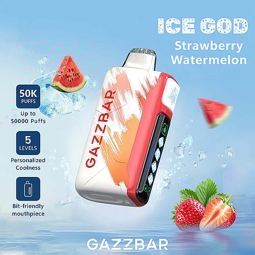 A Gazzbar Vape Device With A Colorful Design, Featuring The Label 'Ice God' And Flavors 'Strawberry Watermelon,' Surrounded By Splashes Of Water And Ice, With Watermelon And Strawberry Slices Displayed Nearby.