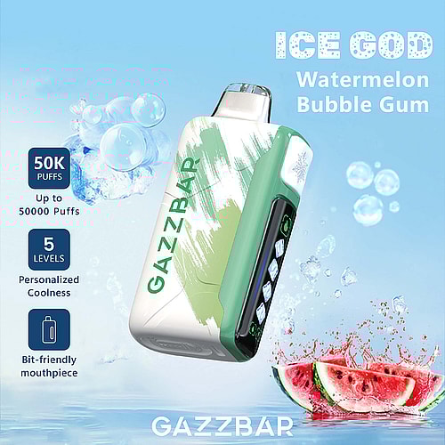 A Gazzbar Vape Device Labeled 'Ice God' With A Watermelon Flavor Design, Featuring A Green And White Color Scheme, Displaying A Digital Interface With Five Levels Of Personalization Against A Blue Water-Themed Background With Splashes And Slices Of Watermelon.