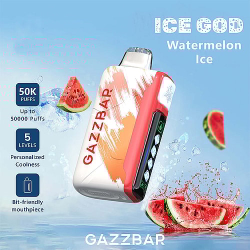 A Gazzbar Vape Device Labeled 'Ice God Watermelon Ice' With A Bright White And Red Design, Showcasing Features Like '50K Puffs', '5 Levels', And A Graphical Display, Surrounded By Splashing Water And Watermelon Slices In A Refreshing Setting.
