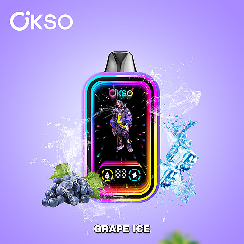 A Colorful Vape Device Featuring A Character Wearing A Purple Outfit, With Splashes Of Water And Ice Cubes Around It, Alongside Clusters Of Grapes, On A Vibrant Purple Background Labeled &Quot;Grape Ice.&Quot;