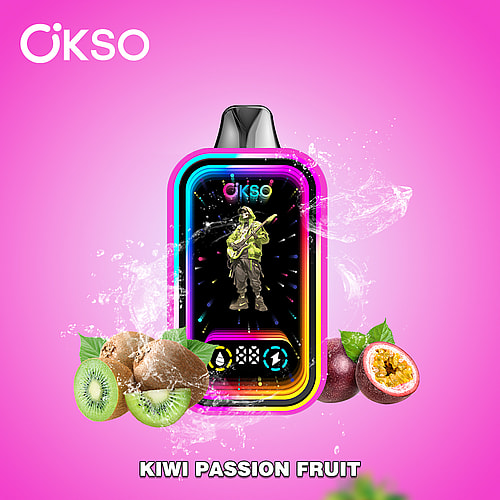 A Colorful Vape Device Featuring A Musician Graphic, With A Vibrant Pink Background And Fresh Kiwi And Passion Fruit Displayed In Front, Promoting 'Kiwi Passion Fruit' Flavor.