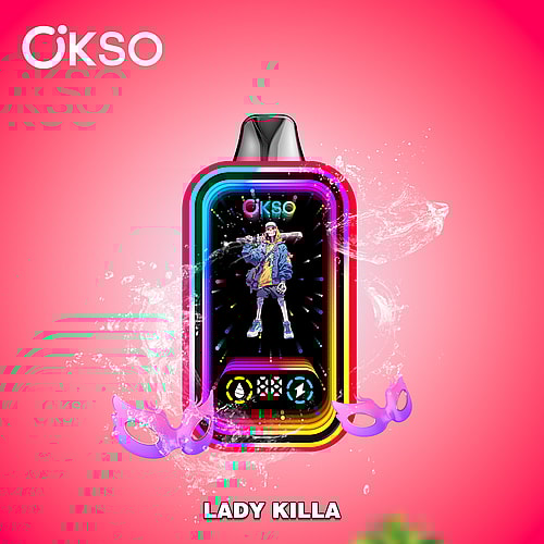 A Vibrant Vaping Device Named 'Lady Killa' Featuring A Colorful Illustration Of A Skeleton Character Wearing A Casual Outfit, Surrounded By Splashes Of Water And Flanked By Two Purple Decorative Masks Against A Pink Background.