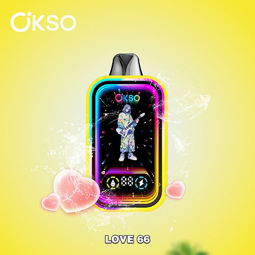 A Colorful Vaping Device Featuring A Playful Design With A Cartoonish Figure Playing A Guitar, Set Against A Bright Yellow Background, Surrounded By Soft Heart Shapes And Water Splash Effects, Labeled 'Love 66' At The Bottom.