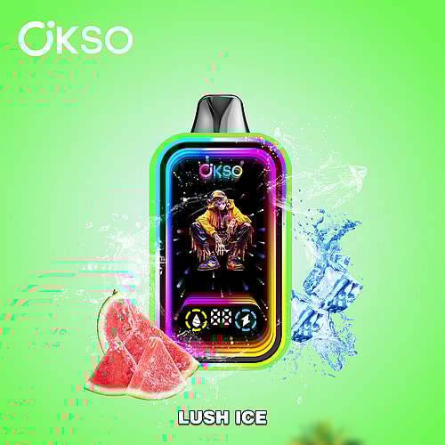 A Colorful Vape Device Labeled 'Okso Lush Ice' Surrounded By Splashes Of Water, With Watermelon Slices Positioned To The Left, Set Against A Vibrant Green Background.