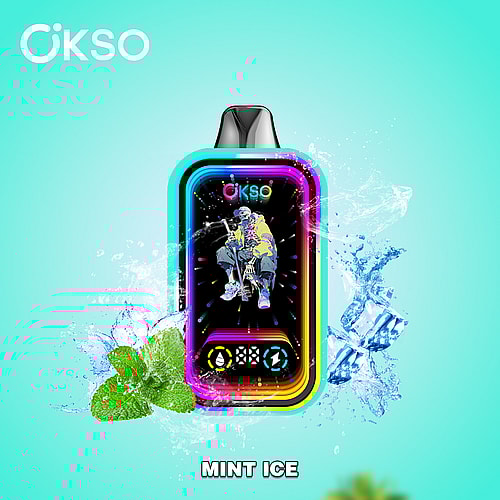 A Colorful Vape Device Labeled 'Mint Ice' With A Digital Display, Featuring An Artistic Illustration Of A Person Sitting On A Skateboard, Surrounded By Mint Leaves And Splashes Of Water Against A Light Blue Background.