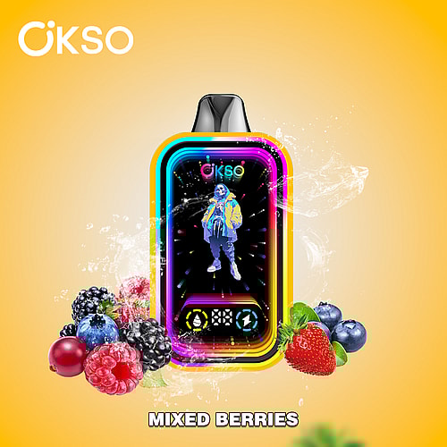 A Colorful Vaping Device Surrounded By An Assortment Of Mixed Berries, Including Strawberries, Blueberries, Raspberries, And Blackberries, Set Against A Bright Yellow Background, With Water Splashes Enhancing The Vibrant Composition.