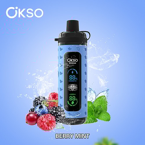 A Blue Okso Water Bottle With A Berry Mint Flavor Label, Featuring A Digital Display Showing Battery Percentage And Boost Mode, Surrounded By Various Berries And Mint Leaves, Against A Light Blue Background With Splashes Of Water.