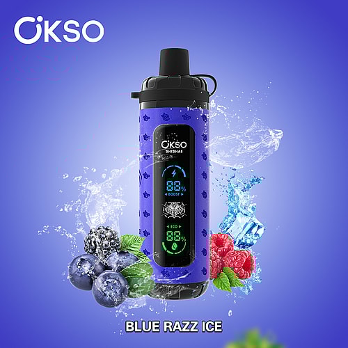 A Purple Portable Vaporizer Labeled 'Okso' Displays Digital Readings Of Battery Life And Modes, Surrounded By Splashes Of Water, Blueberries, Raspberries, And Ice, Set Against A Blue Gradient Background And Titled 'Blue Razz Ice.'