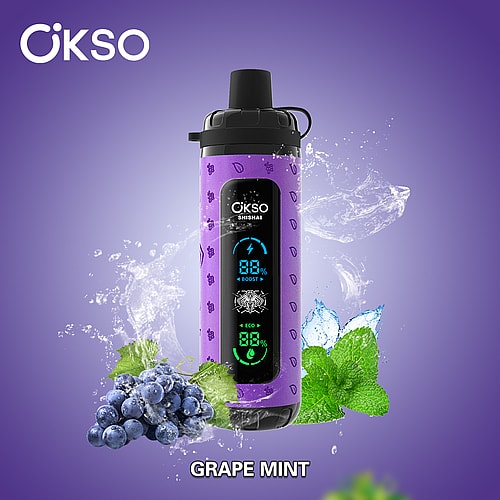 A Purple Beverage Bottle, Branded 'Okso', Featuring A Digital Display Showing Battery Levels, Surrounded By Water Splashes And Illustrations Of Green Mint Leaves And Clusters Of Grapes, Labeled 'Grape Mint'.