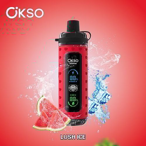 A Vibrant Red Portable Vapourizer With A Digital Display, Featuring Watermelon Slices And Splashes Of Water Against A Gradient Background, Promoting The Flavor 'Lush Ice'.