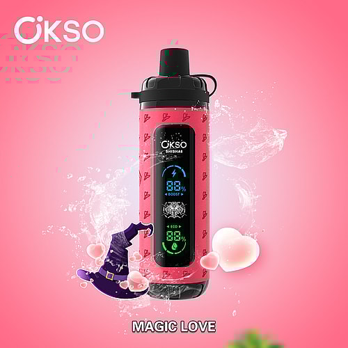 A Bright Pink Okso Shisha Device With A Digital Display Showing Battery Levels, Surrounded By Whimsical Elements Like Hearts And A Witch'S Hat, Set Against A Soft Pink Background.