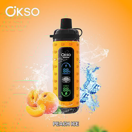 An Orange And Black Vaping Device Labeled &Quot;Okso&Quot; With A Digital Display Showing Battery Percentage And Settings, Surrounded By Splashes Of Water And Accompanied By Realistic Peach Fruits, Against A Bright Orange Background With The Text &Quot;Peach Ice&Quot; At The Bottom.