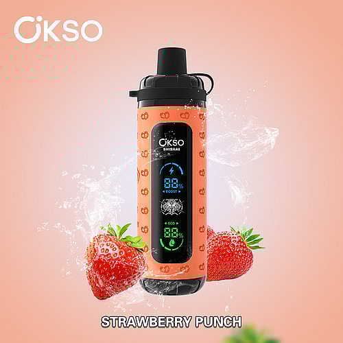 A Vibrant Orange Okso Device With A Digital Display Showing Battery Percentage And Settings, Surrounded By Splashes Of Water And Fresh Strawberries, Emphasizing The 'Strawberry Punch' Flavor.