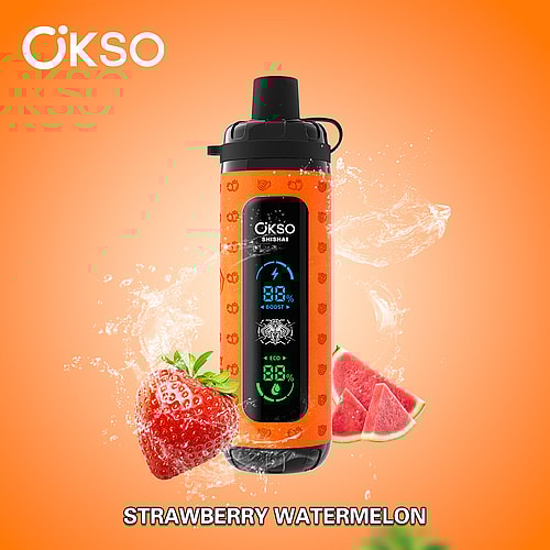 An Orange Okso Brand Vaporizer With A Digital Display Showing Battery Level And Settings, Surrounded By Fresh Strawberries And Watermelon Slices, Against A Vibrant Orange Background.
