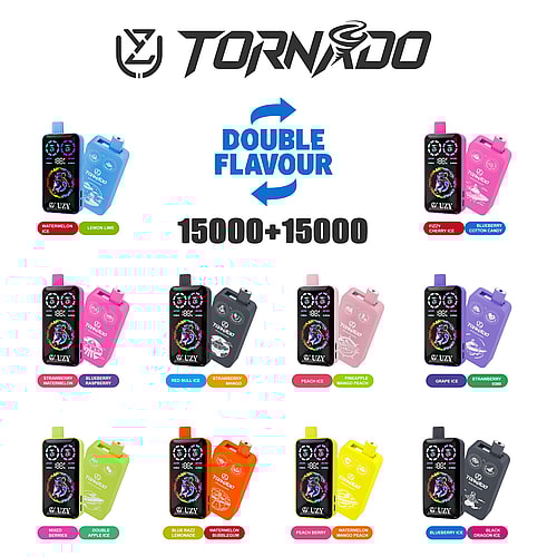 A Collection Of Flavored Disposable Vape Devices Featuring Various Colors And Designs, Labeled With Names Such As 'Watermelon Ice', 'Lemon Lime', 'Fizzy Cherry Ice', 'Blueberry Cotton Candy', And Others, Showcasing The Tagline 'Double Flavour' And The Capacity '15000+15000'.