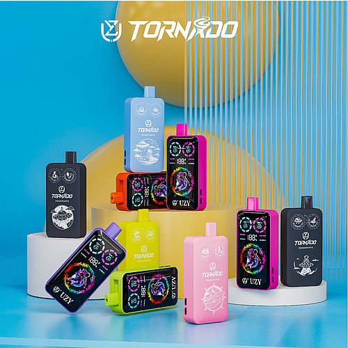 A Collection Of Colorful Vape Devices Arranged On Podiums, Featuring Various Designs And Display Screens, With A Bright Blue Background And Shimmering Vertical Lines.
