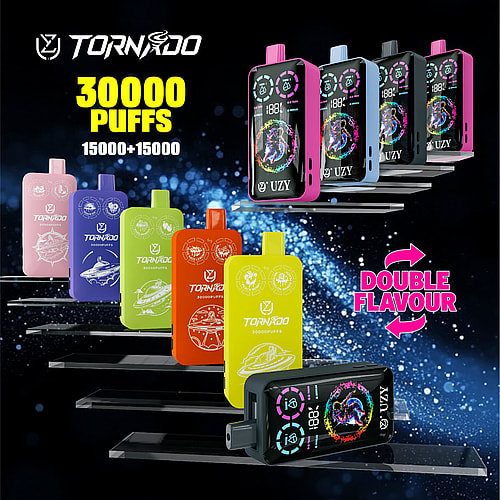 A colorful display of various Tornado vape devices, showcasing different flavors and capacities, with prominent text stating '30000 PUFFS' and 'DOUBLE FLAVOUR' in a vibrant design on a dark background.