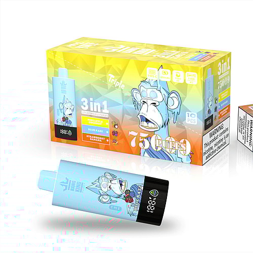 A Colorful Packaging Box For A Vaping Product Featuring A Cartoon Monkey, Labeled '3 In 1' With Flavors 'Pineapple Coconut', 'Blue Razz', And 'Strawberry Banana', Alongside Details Including '75 Puffs' And Warning Information; A Vape Stick In Light Blue With The Monkey Design Is Prominently Displayed In Front.