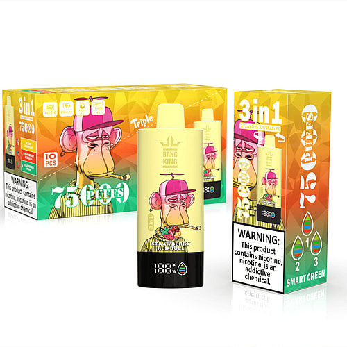 A Colorful Packaging Of A Vaping Product Featuring A Cartoon Monkey Wearing A Pink Hat And Holding A Cigarette, Labeled 'Bang King Strawberry Red Bull' With Instructions For Use And A Nicotine Warning On The Side.