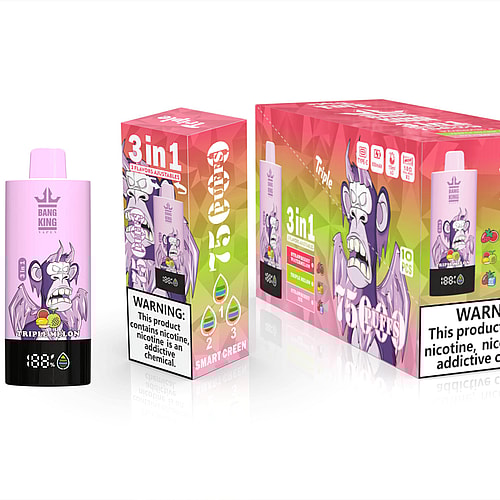 A Brightly Colored Packaging Box For The Bang King Vaping Product, Featuring A Graphic Of A Cartoon Monkey And Labeled With Flavors Like Strawberry Watermelon, Triple Melon, And Strawberry Ice, Alongside A Warning About Nicotine Addiction And Product Details.