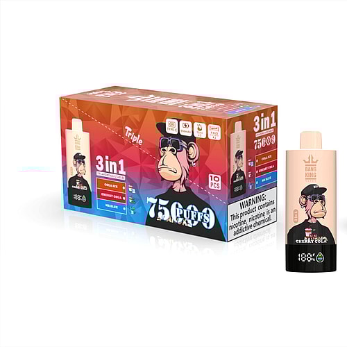 A Box Of 'Bang King' Vape Products Featuring A Cartoon Monkey Logo, Displaying '3 In 1' Flavors Including Cola Ice, Cherry Cola, And Mr. Blue, With A Warning Label About Nicotine On The Packaging.
