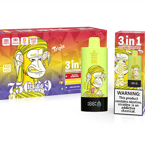 A Brightly Colored Vape Product Packaging Featuring A Cartoon Monkey Design, Showcasing A 3-In-1 Disposable Vape With Mixed Berries, Mango Peach, And Grape Ice Flavors, Along With A Warning Label About Nicotine Addiction.