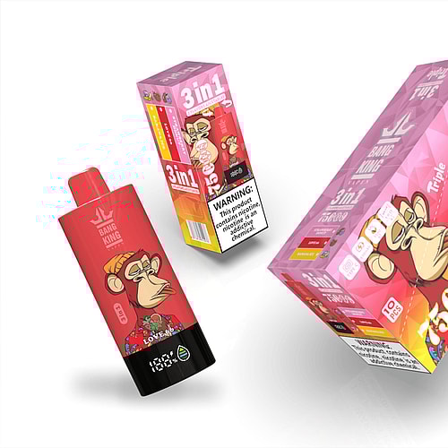 A Vibrant Packaging Display For Bang King Vape Products, Featuring A Cartoon Monkey Character, With A Red Vape Pen Alongside A Colorful Box Labeled '3 In 1' And Warning Text About Nicotine Content.
