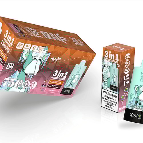 A Package Labeled '75 Puffs' Featuring A Cartoon Monkey And Three Flavors: Strawberry Vanilla Ice, Black Dragon Ice, And Peach Ice, Alongside A Handheld Device With A Mint Green Top And A Display Screen, Set Against A Bright, Colorful Background.