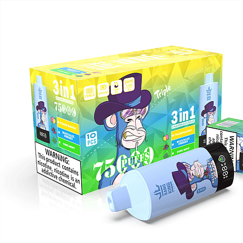A Colorful Packaging Of A Vape Product Featuring A Cartoon Monkey With A Purple Hat, Labeled '75 Puffs' And Highlighting Three Flavors: Peach Mango, Blue Razz Cherry, And Cool Mint, Alongside A Warning About Nicotine Content.