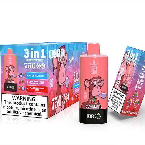 A Colorful Box Containing A Vaping Device Labeled 'Bang King' Featuring A Cartoon Monkey Blowing A Bubble, With Packaging Showcasing Its Three Flavors: Blue Razz Ice, Strawberry Watermelon, And Watermelon Ice, Along With A Warning Regarding Nicotine Content.