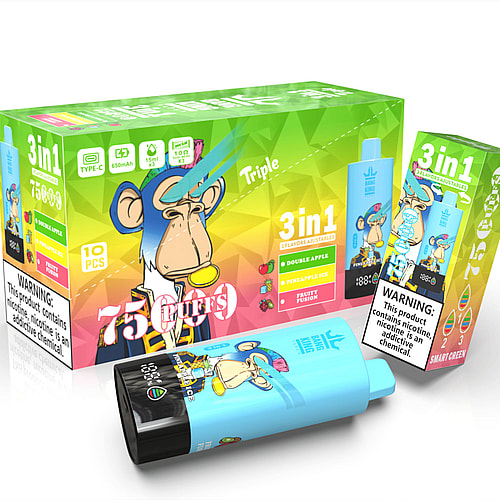 A Colorful Packaging For A 3-In-1 Vaping Product Featuring A Cartoon Monkey, With The Product Labeled '7500 Puffs', And Displaying Flavors Such As Double Apple, Pineapple Ice, And Fruit Fusion, Alongside A Warning About Nicotine Content.