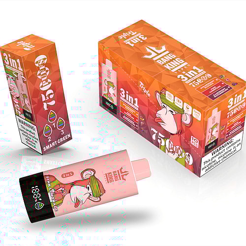 A Package Of Bang King 3-In-1 Vape Pods With A Cartoon Monkey Graphic On The Box, Featuring A Pink Lemonade Flavor, Accompanied By One Of The Pods Showing A Pink Top And A Black Base, On A White Background.