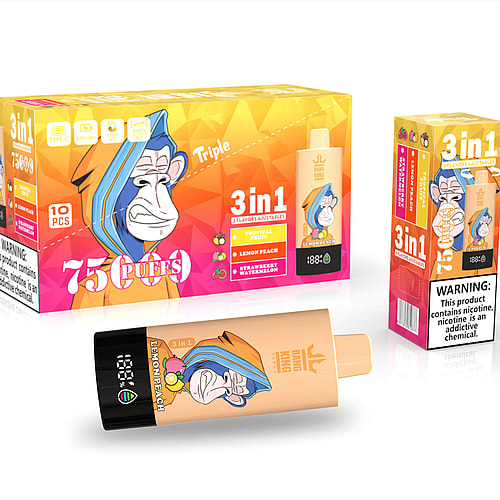 A Colorful Vape Product Packaging Featuring A Cartoon Monkey With A Blue And Orange Hoodie, Displaying The Label &Quot;75 Puffs&Quot; And Stating &Quot;3 In 1&Quot; With Flavors Including Lemon Peach, Tropical Fruit, And Strawberry Watermelon, Alongside A Warning About Nicotine.