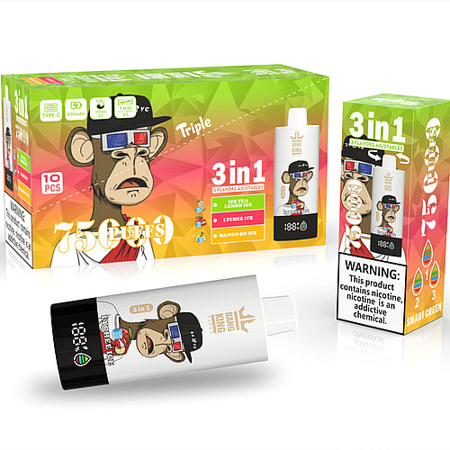 A Box Of Vape Products Featuring A Cartoon Monkey Character, Labeled '3 In 1' With Flavors Including Iced Tea Lemon Ice, Lychee Ice, And Mango On Ice, Alongside A Vape Device Displaying Battery Status And The Brand Logo.