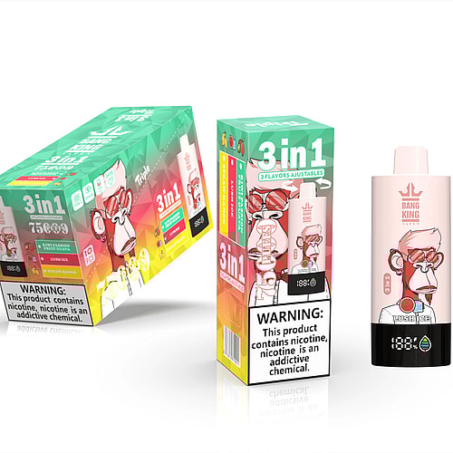 A Colorful Packaging Box For A 3-In-1 Vape Product Featuring A Cartoon Monkey Character; The Box Displays Various Flavors Including 'Kiwi Passionfruit Guava' And 'Lush Ice', With A Warning Label About Nicotine Being An Addictive Chemical.