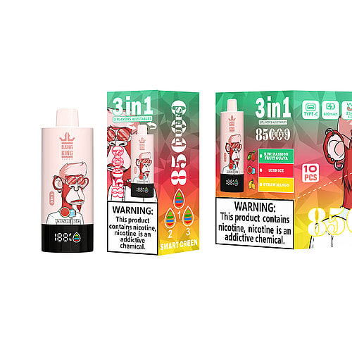 A Colorful Packaging Design For A 3-In-1 Vaping Product Featuring A Cartoon Monkey Character With Sunglasses, Showcasing Three Adjustable Flavors: Kiwi Passion Fruit Guava, Lush Ice, And Straw Mango, Along With A Warning Label About Nicotine Addiction.