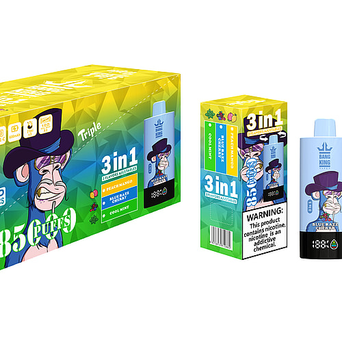A Colorful Packaging Box For A Vaping Product Featuring The Brand 'Bang King', Showcasing A Cartoon Monkey Character Wearing A Purple Hat, And Displaying The Flavors 'Peach Mango', 'Blue Razz Cherry', And 'Cool Mint', With A Warning Label About Nicotine Addiction.